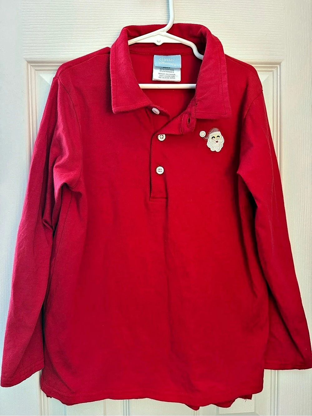 Classic Whimsy Solid Long Sleeve Pique Polo Shirt with Santa Applique Santa Polo